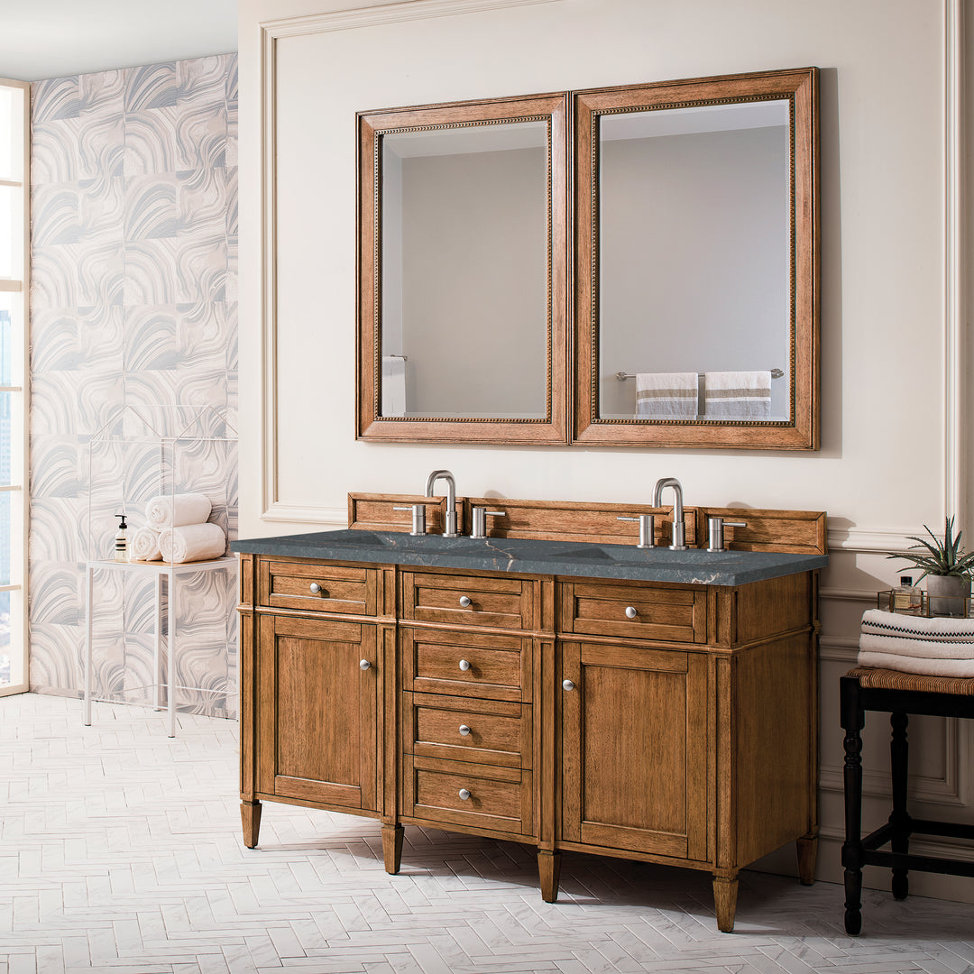 Brittany 60" Double Vanity, Saddle Brown w/ 3 CM Parisien Bleu Silestone Top w/FreePower Wireless Charger