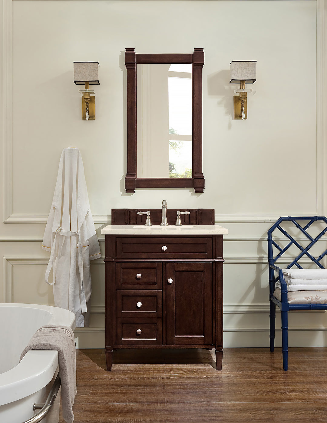 Brittany 30" Single Vanity, Burnished Mahogany, w/ 3 CM Eternal Marfil Silestone Top