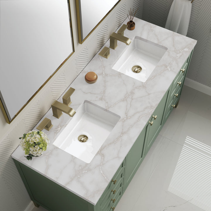 Chicago 60" Double Vanity, Smokey Celadon, w/ 3 CM Victorian Silver Silestone® Top w/FreePower Wireless Charger