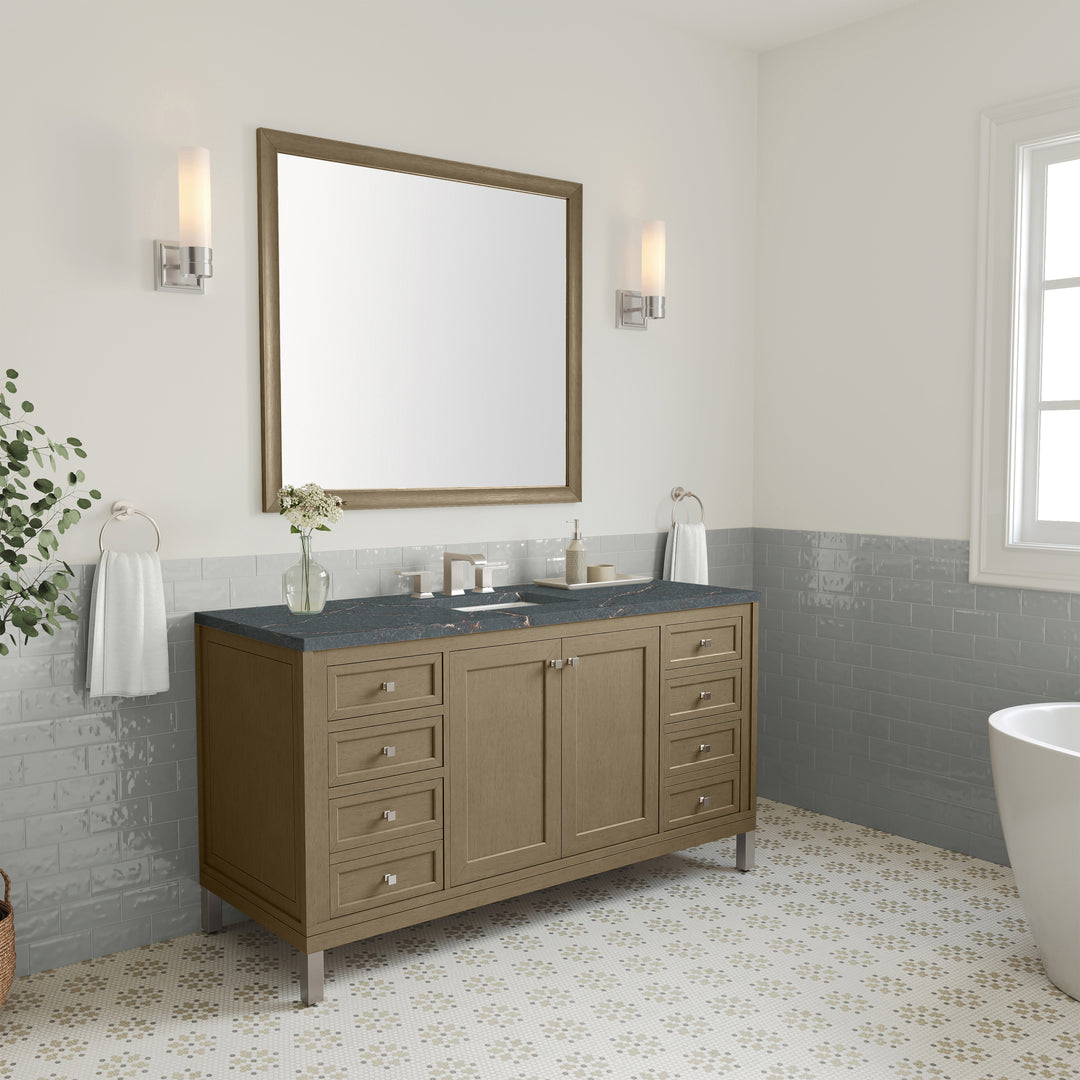 Chicago 60" Single Vanity, Walnut Whisper, w/ 3 CM Parisien Bleu Silestone® Top