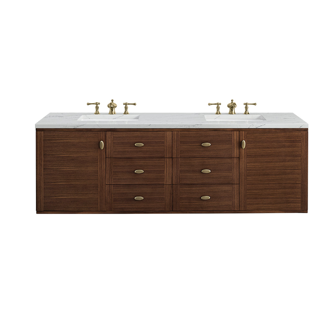 Amberly 72" Double Vanity, Mid-Century Walnut w/ 3 CM Ethereal Noctis Top w/FreePower Wireless Charger