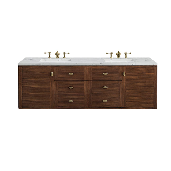 Amberly 72" Double Vanity, Mid-Century Walnut w/ 3 CM Ethereal Noctis Top w/FreePower Wireless Charger