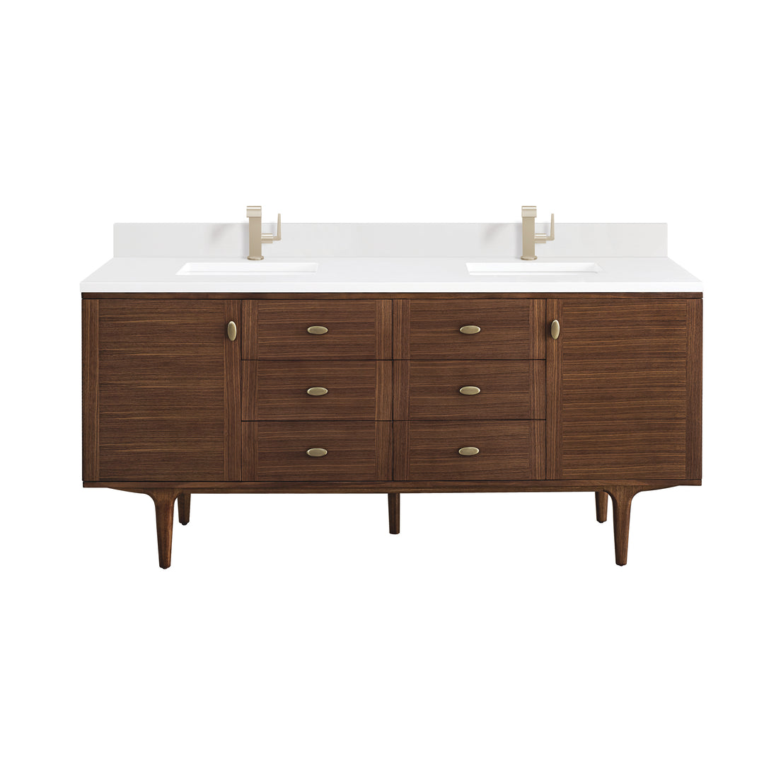 Amberly 72" Double Vanity, Mid-Century Walnut w/ Single Hole 3 CM White Zeus Top & Backsplash
