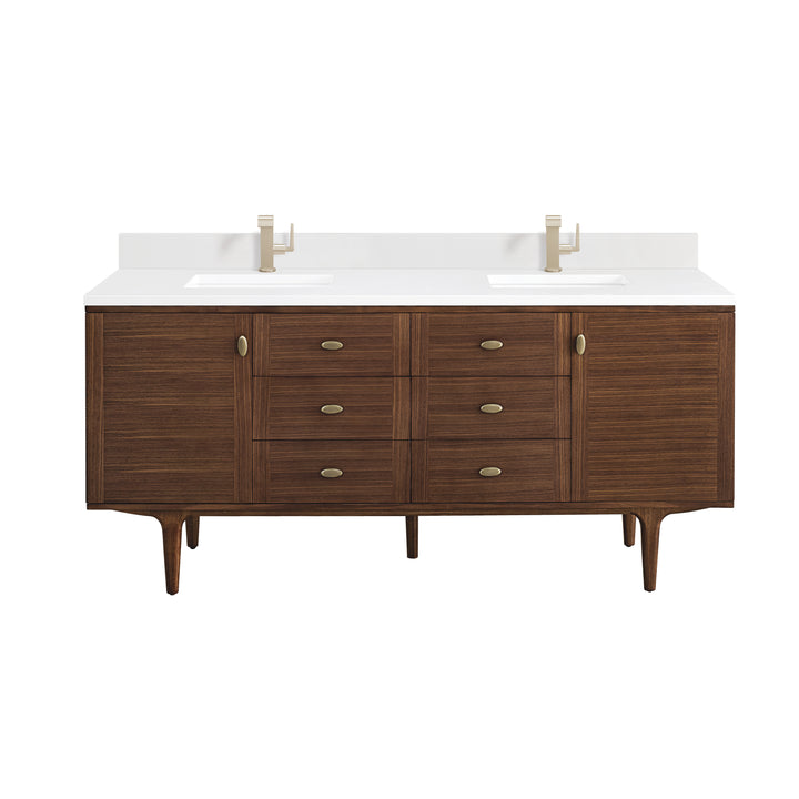 Amberly 72" Double Vanity, Mid-Century Walnut w/ Single Hole 3 CM White Zeus Top & Backsplash