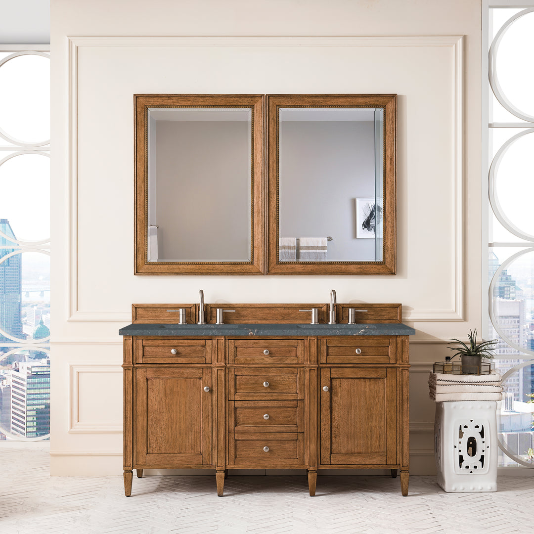 Brittany 60" Double Vanity, Saddle Brown w/ 3 CM Parisien Bleu Silestone Top