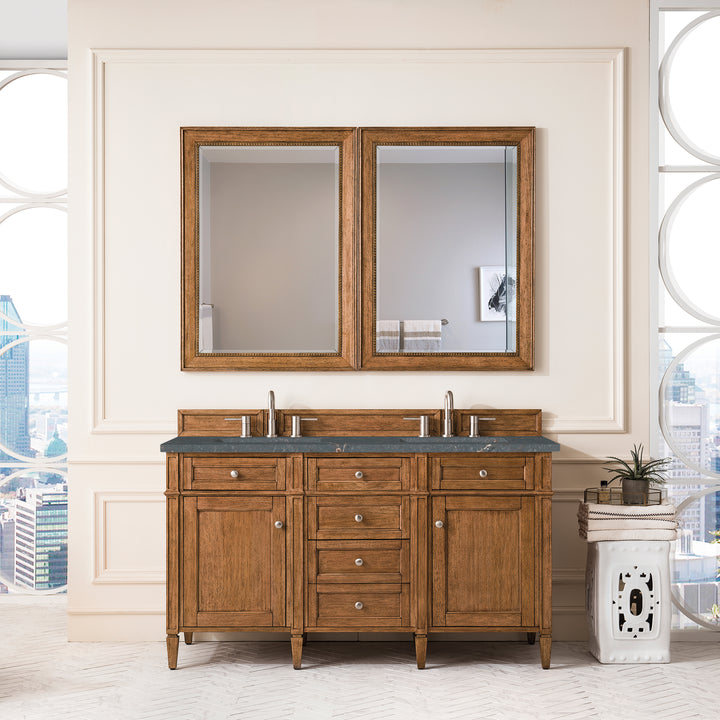 Brittany 60" Double Vanity, Saddle Brown w/ 3 CM Parisien Bleu Silestone Top