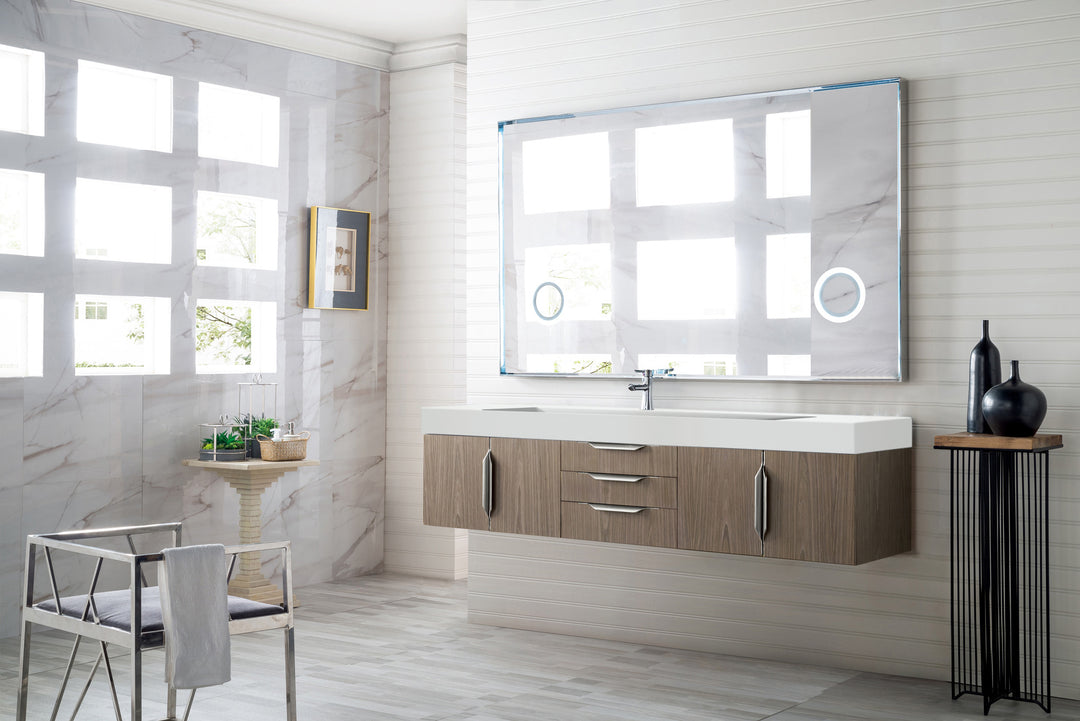 Columbia 72" Single Wall Mount Vanity, Ash Gray, Brushed Nickel w/ Glossy White Composite Stone Top