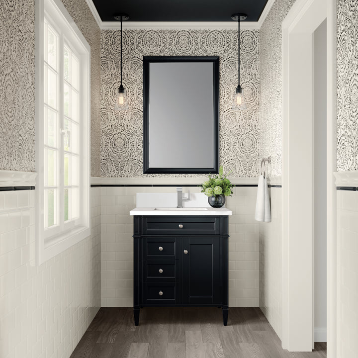 Brittany 30" Single Vanity, Black Onyx, w/ Single Hole 3 CM White Zeus Silestone Top & Backsplash