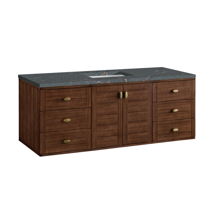 Amberly 60" Single Vanity, Mid-Century Walnut w/ 3 CM Parisien Bleu Top w/FreePower Wireless Charger