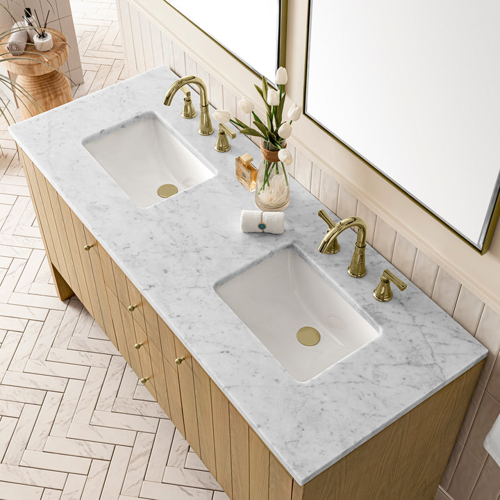 Hudson 60" Double Vanity, Light Natural Oak w/ 3 CM Carrara Marble Top