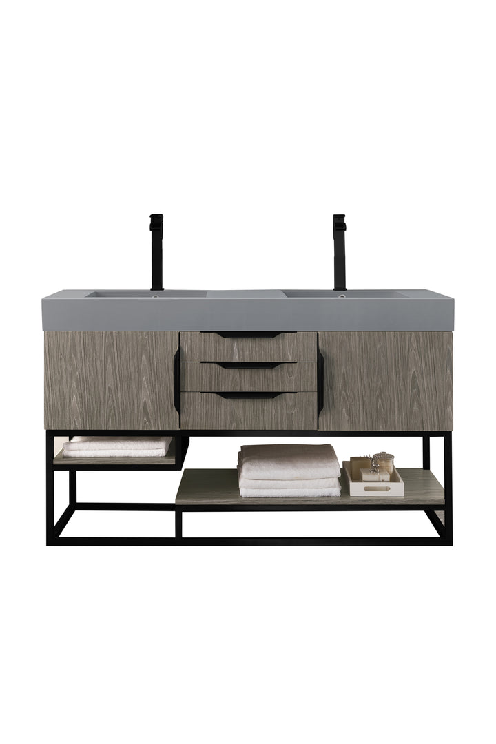Columbia 59" Double Vanity, Ash Gray, Matte Black w/ Dusk Grey Glossy Composite Stone Top