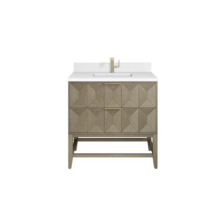 Emmeline 36" Single Vanity, Pebble Oak w/ Single Hole 3 CM White Zeus Top & Backsplash