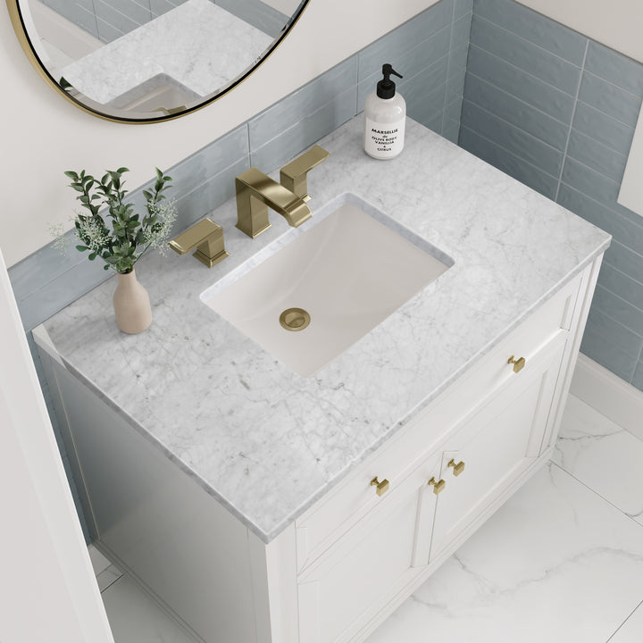 Chicago 36" Single Vanity, Glossy White, w/ 3 CM Carrara Marble Top