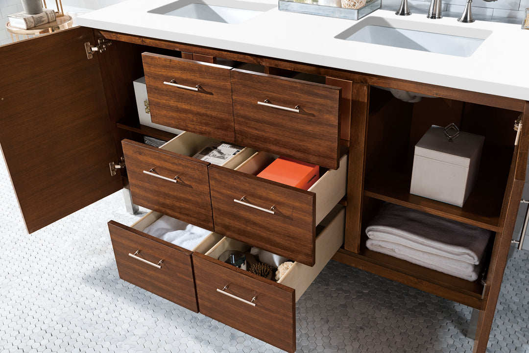 Metropolitan 60" Double Vanity, American Walnut w/ 3 CM White Zeus Silestone Top