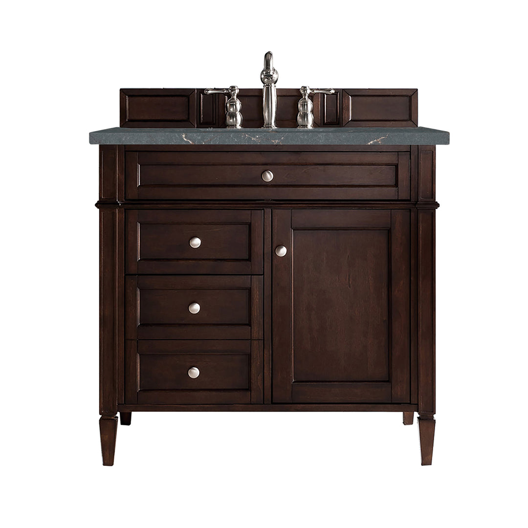 Brittany 36" Single Vanity, Burnished Mahogany w/ 3 CM Parisien Bleu Silestone Top