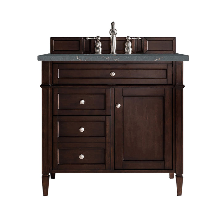 Brittany 36" Single Vanity, Burnished Mahogany w/ 3 CM Parisien Bleu Silestone Top