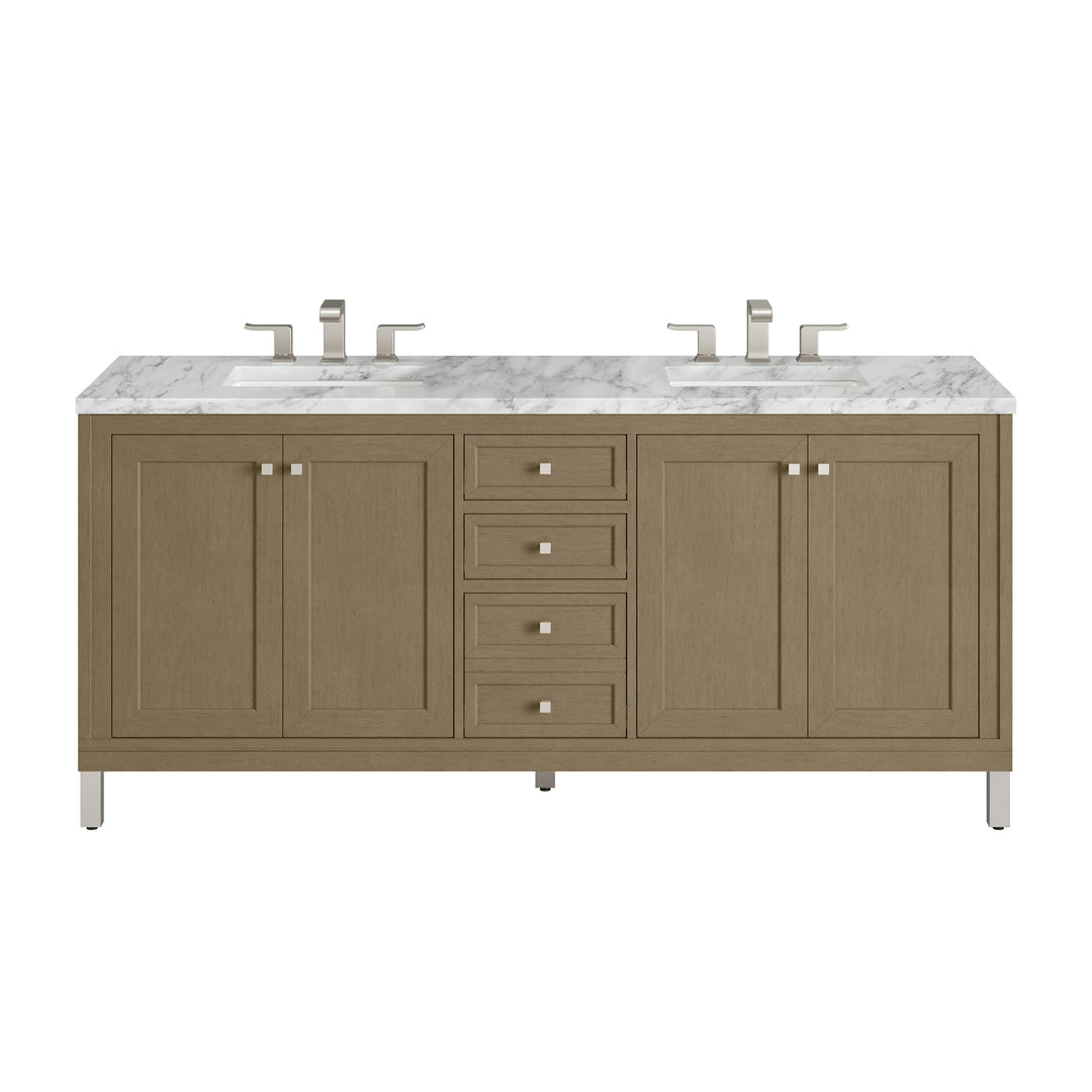 Chicago 72" Double Vanity, Walnut Whisper, w/ 3 CM Carrara Marble Top