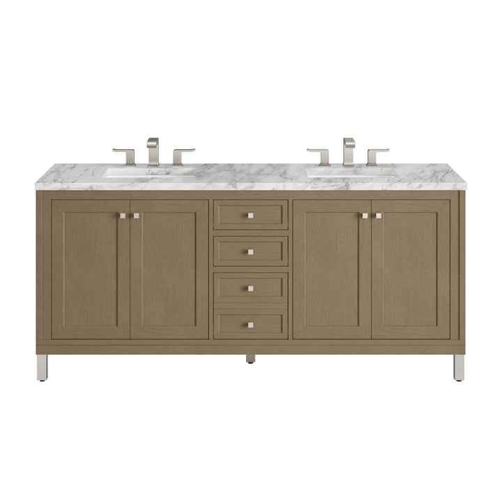 Chicago 72" Double Vanity, Walnut Whisper, w/ 3 CM Carrara Marble Top