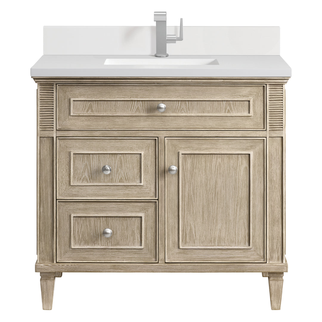 Lorelai 36" Single Vanity, Whitewashed Oak w/ Single Hole 3 CM White Zeus Silestone Top & Backsplash