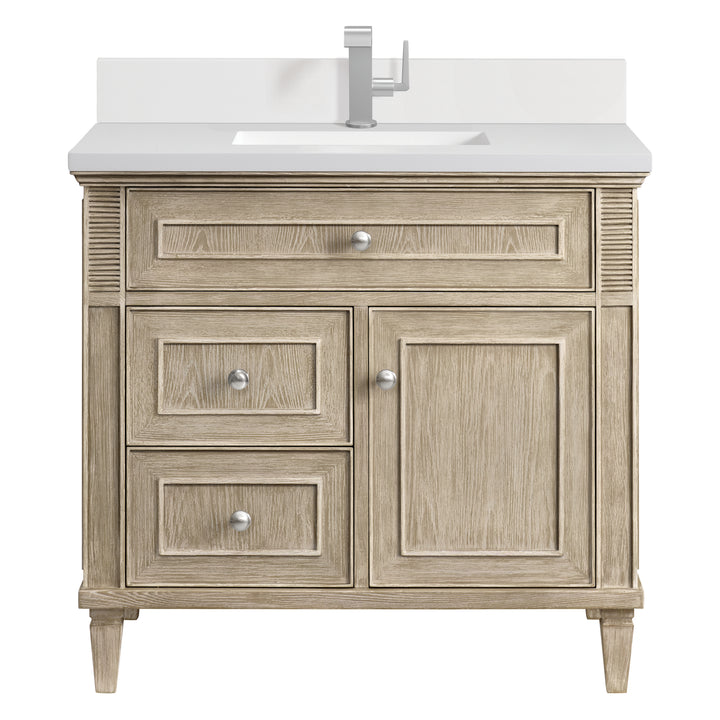 Lorelai 36" Single Vanity, Whitewashed Oak w/ Single Hole 3 CM White Zeus Silestone Top & Backsplash