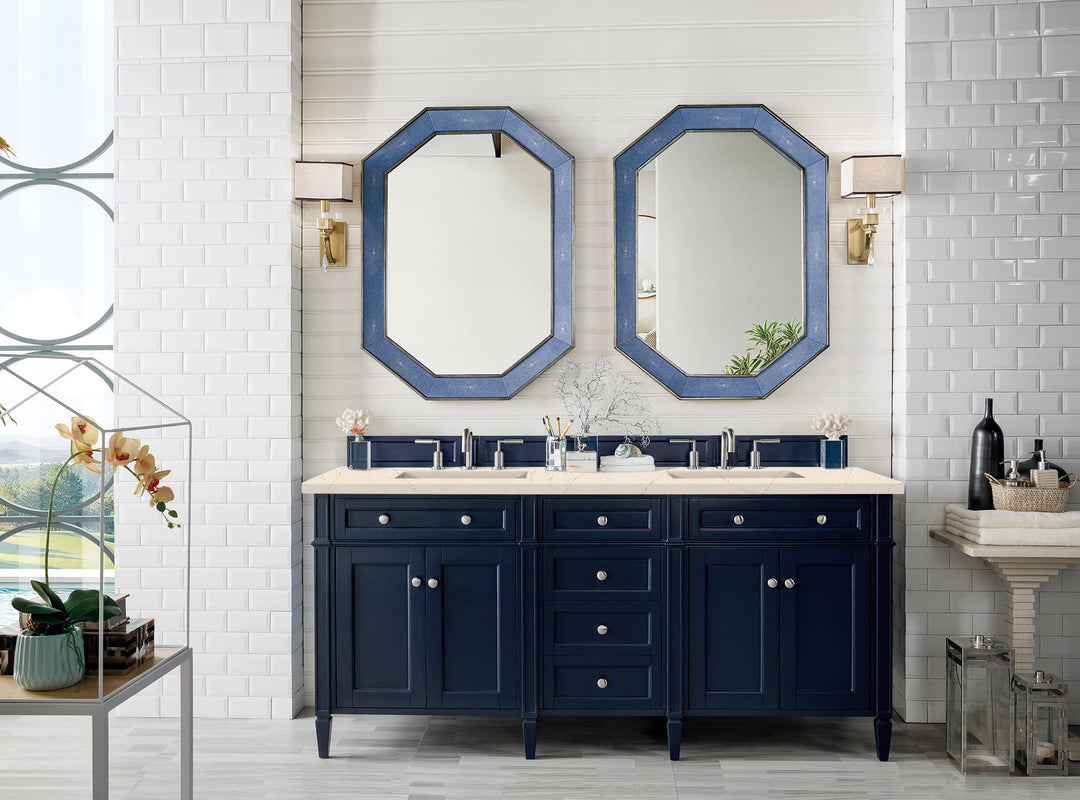 Brittany 72" Double Vanity, Victory Blue w/ 3 CM Eternal Marfil Silestone Top