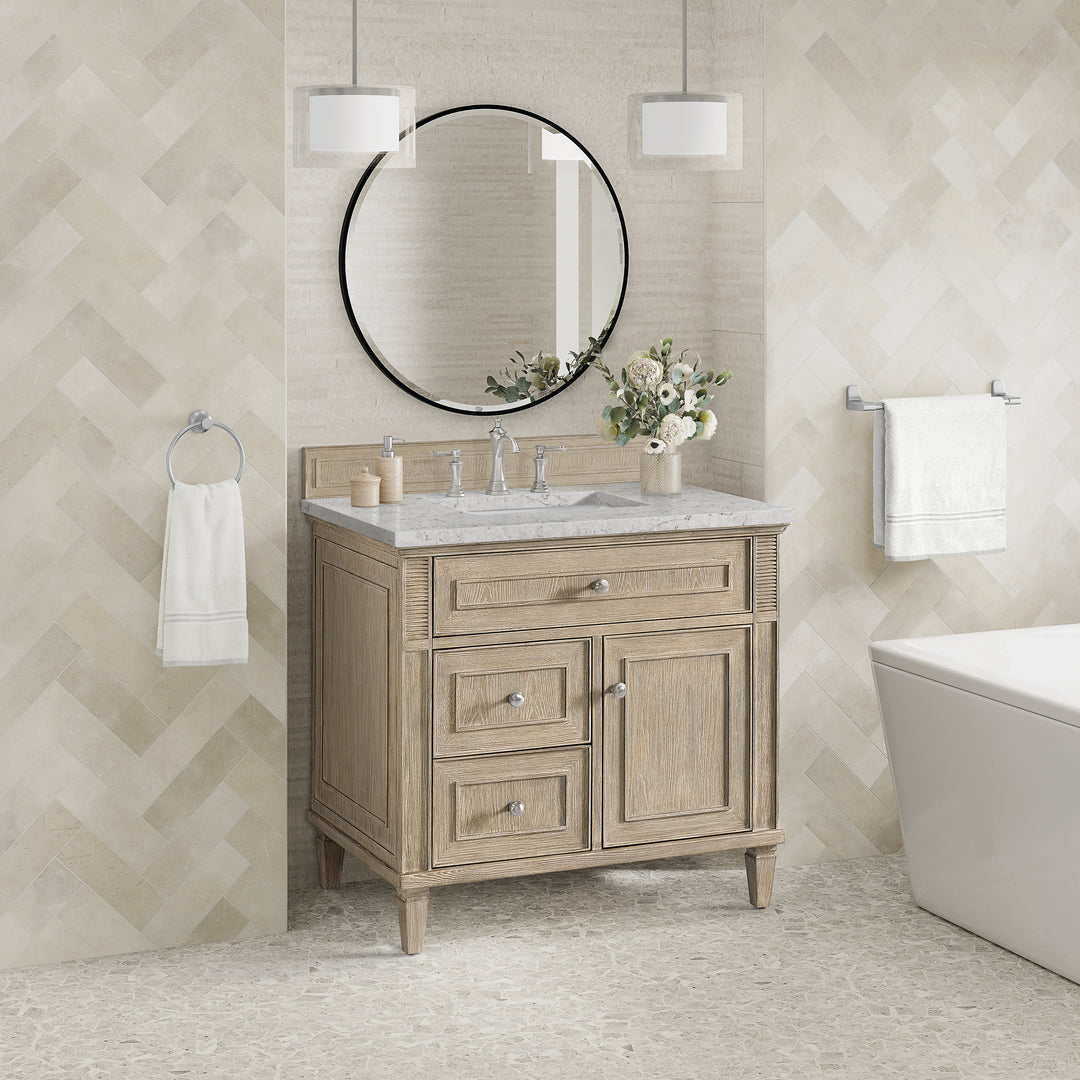 Lorelai 36" Single Vanity, Whitewashed Oak w/ 3 CM Eternal Jasmine Pearl Silestone Top