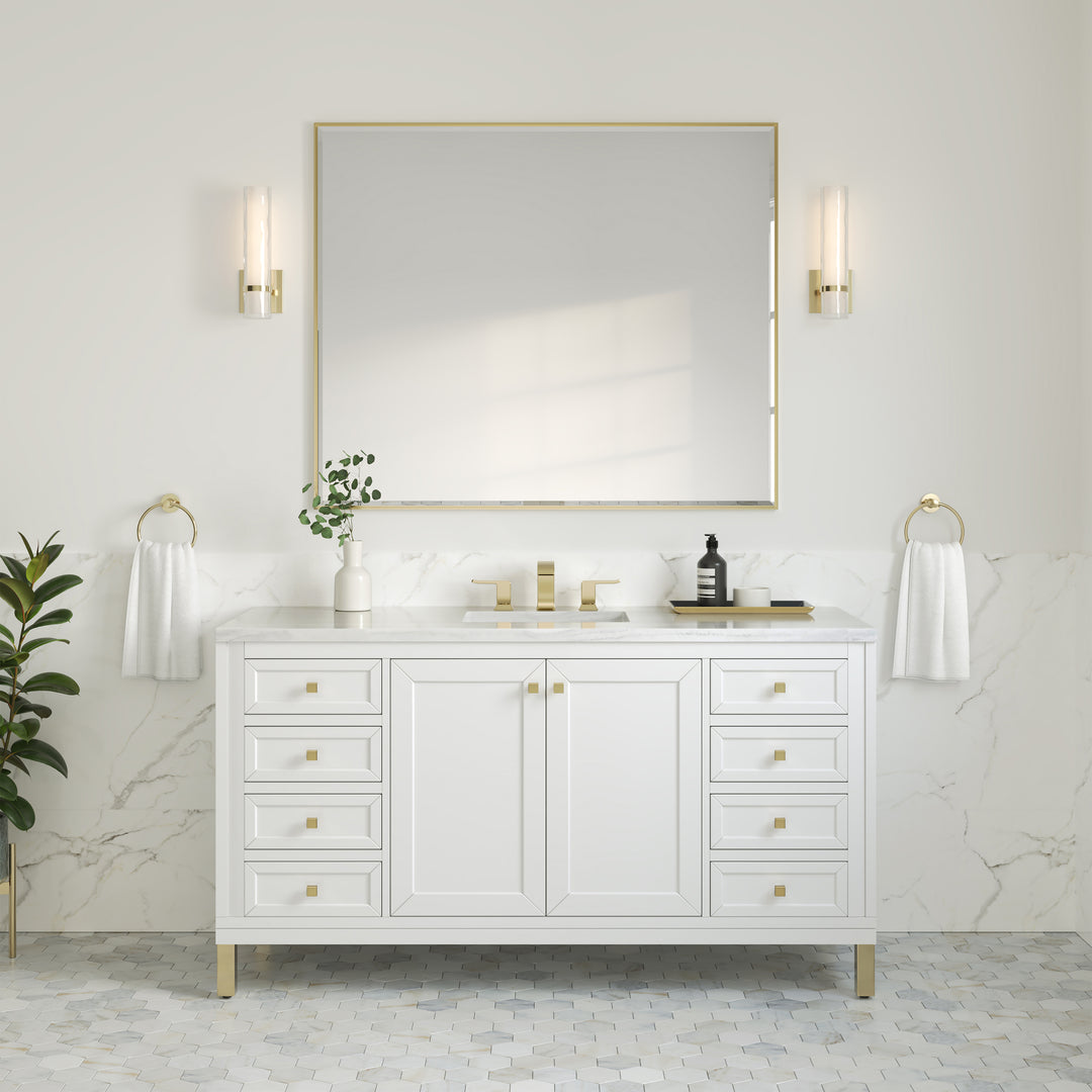 Chicago 60" Single Vanity, Glossy White, w/ 3 CM Arctic Fall Solid Surface Top