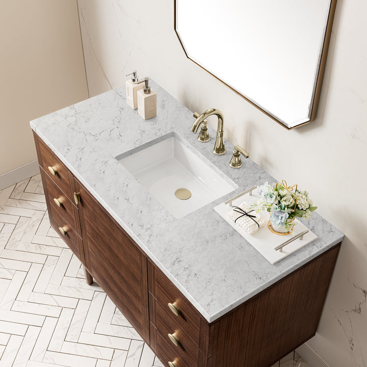 Amberly 48" Single Vanity, Mid-Century Walnut w/ 3 CM Eternal Jasmine Pearl Top w/FreePower Wireless Charger