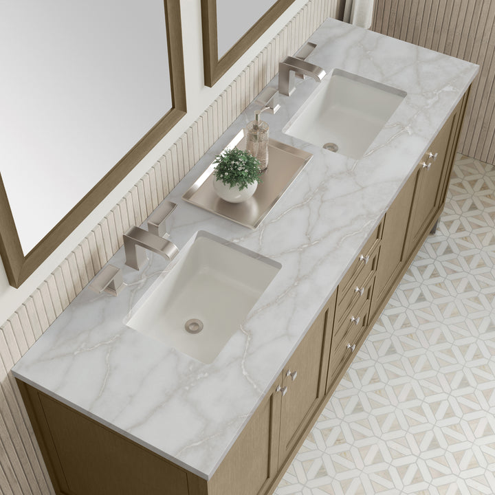 Chicago 72" Double Vanity, Walnut Whisper, w/ 3 CM Victorian Silver Silestone Top w/ FreePower Wireless Charger