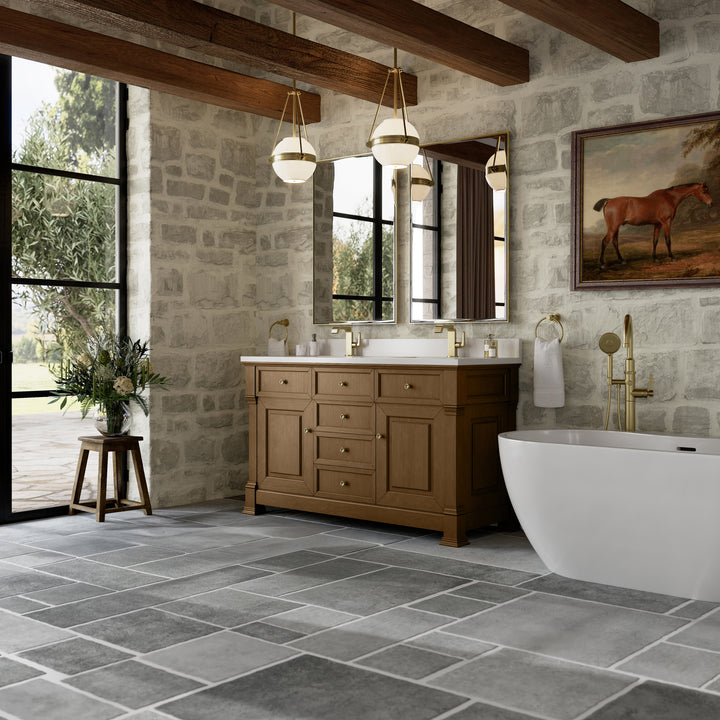 Brookfield 60" Double Vanity, Honey Oak w/ Single Hole 3 CM White Zeus Silestone® Top & Backsplash