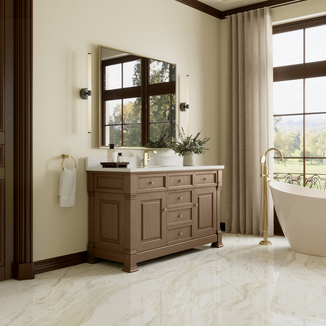Brookfield 60" Single Vanity, Pecan w/ Single Hole 3CM White Zeus Silestone® Top & Backsplash