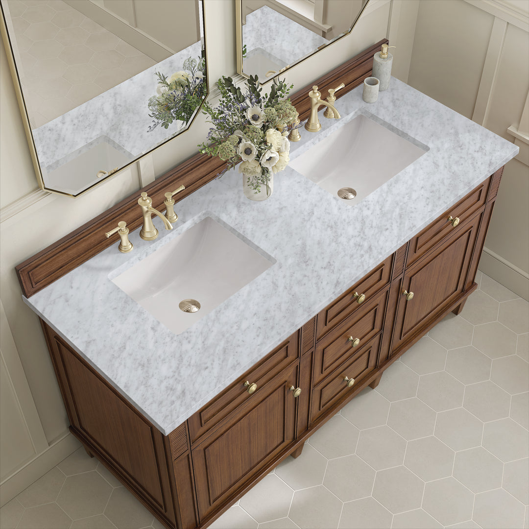Lorelai 60" Double Vanity, Mid-Century Walnut w/ 3 CM Carrara White Marble Top