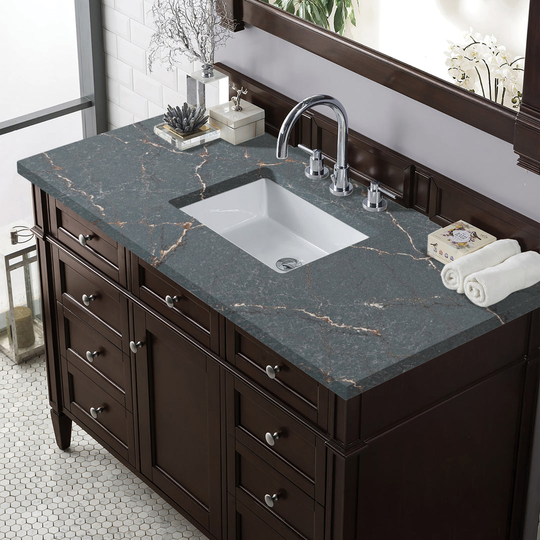 Brittany 48" Single Vanity, Burnished Mahogany w/ 3 CM Parisien Bleu Silestone Top