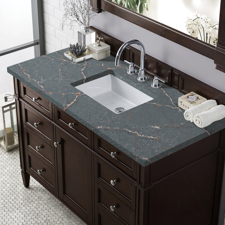 Brittany 48" Single Vanity, Burnished Mahogany w/ 3 CM Parisien Bleu Silestone Top w/FreePower Wireless Charger