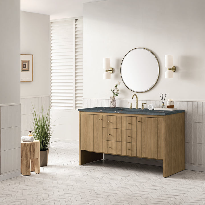 Hudson 60" Single Vanity, Light Natural Oak w/ 3 CM Parisien Bleu Top w/ FreePower Wireless Charger