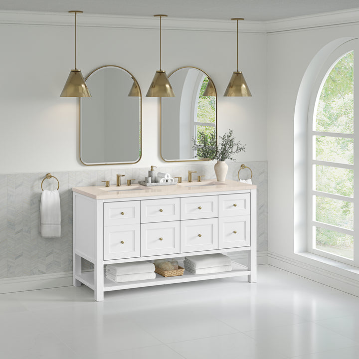 Breckenridge 60" Double Vanity, Bright White, w/ 3 CM Eternal Marfil Quartz Top