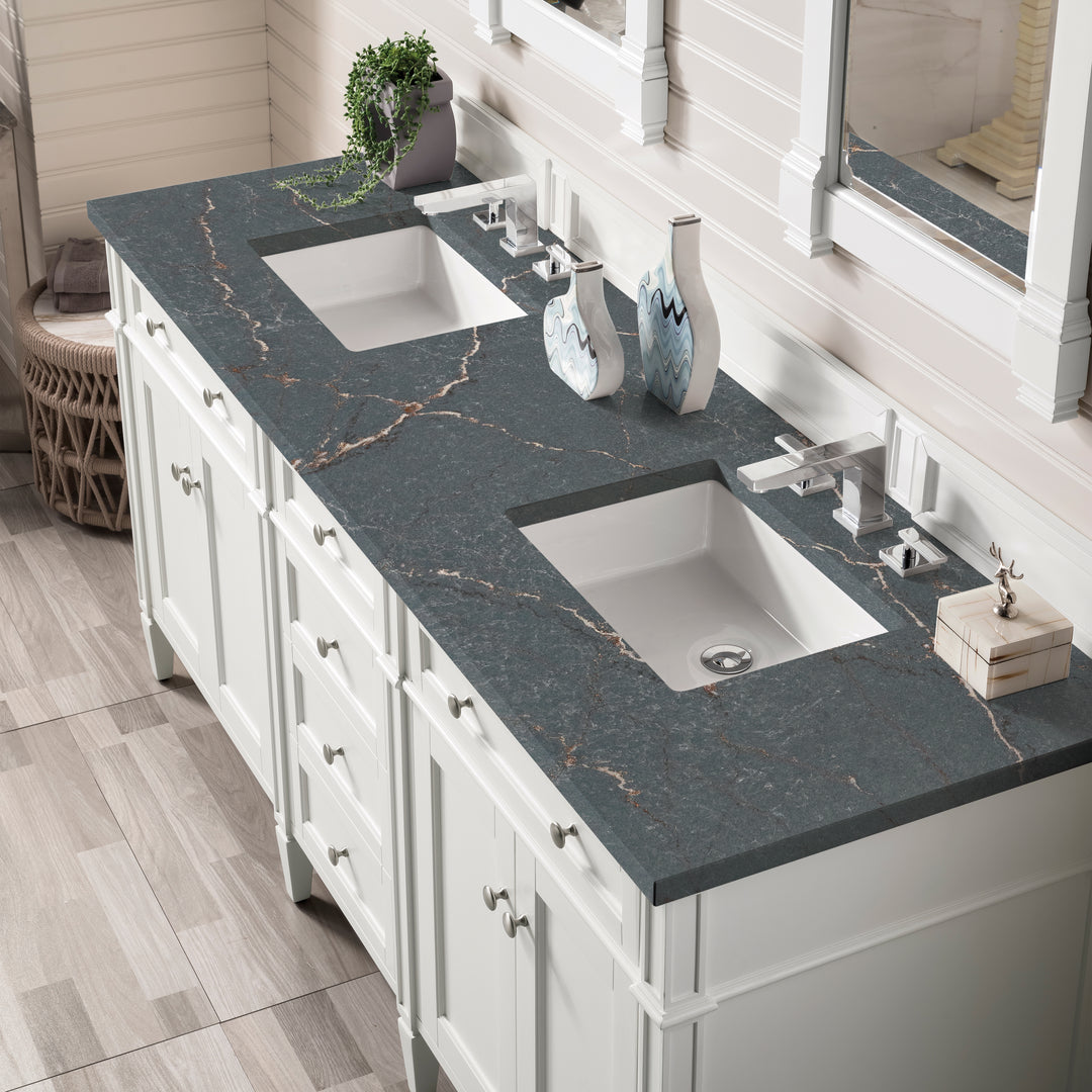 Brittany 72" Double Vanity, Bright White Vanity w/ 3 CM Parisien Bleu Silestone Top