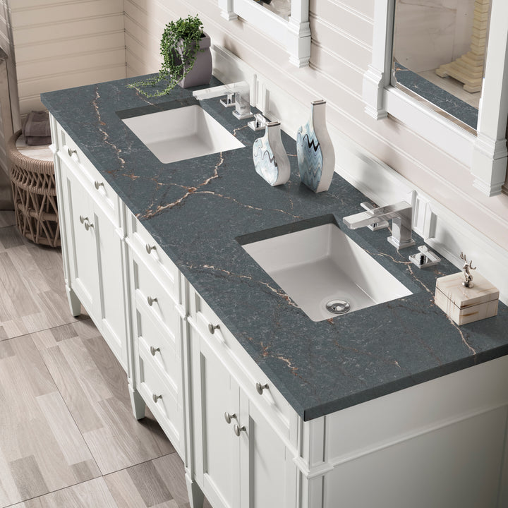 Brittany 72" Double Vanity, Bright White Vanity w/ 3 CM Parisien Bleu Silestone Top w/FreePower Wireless Charger