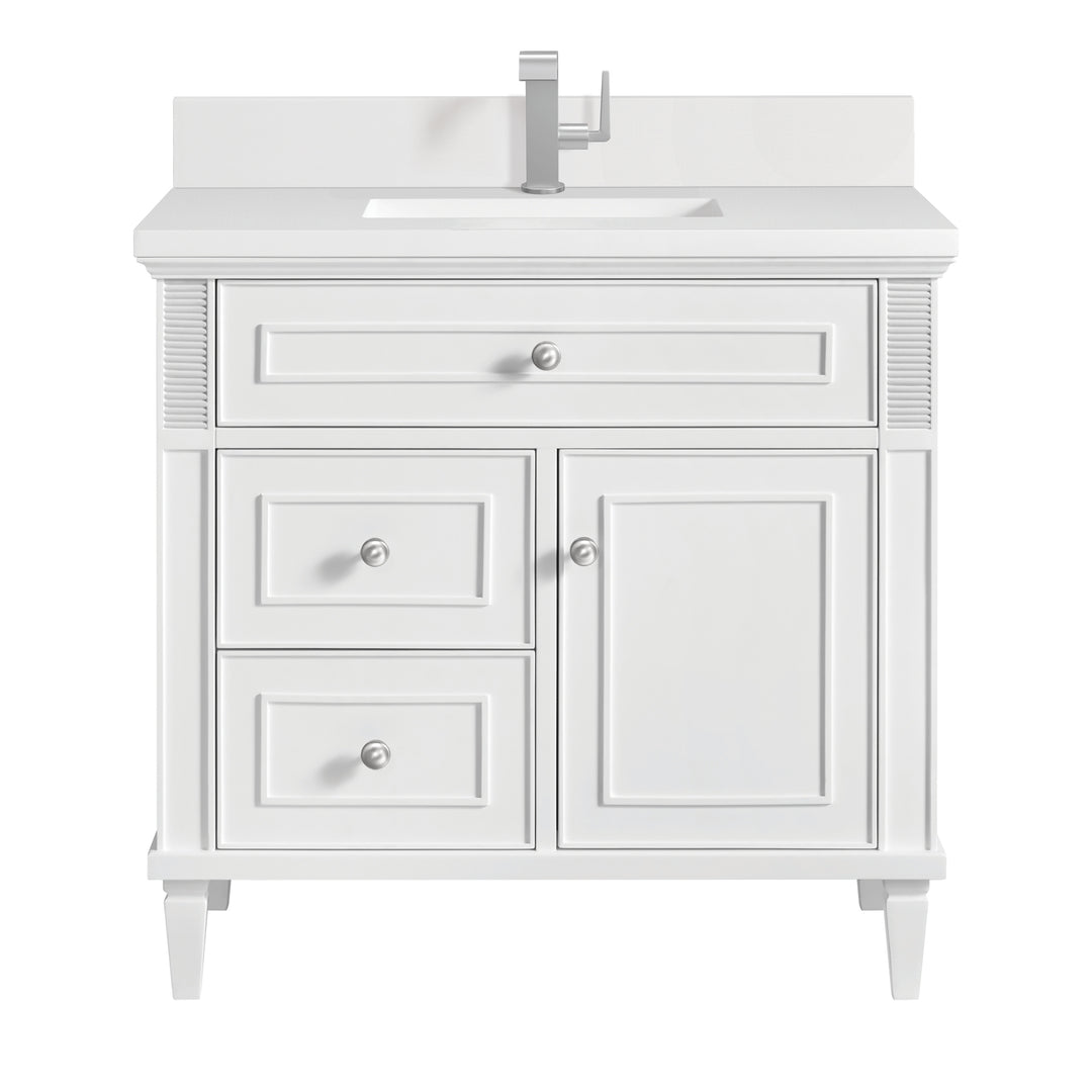 Lorelai 36" Single Vanity, Bright White w/ Single Hole 3 CM White Zeus Silestone Top & Backsplash
