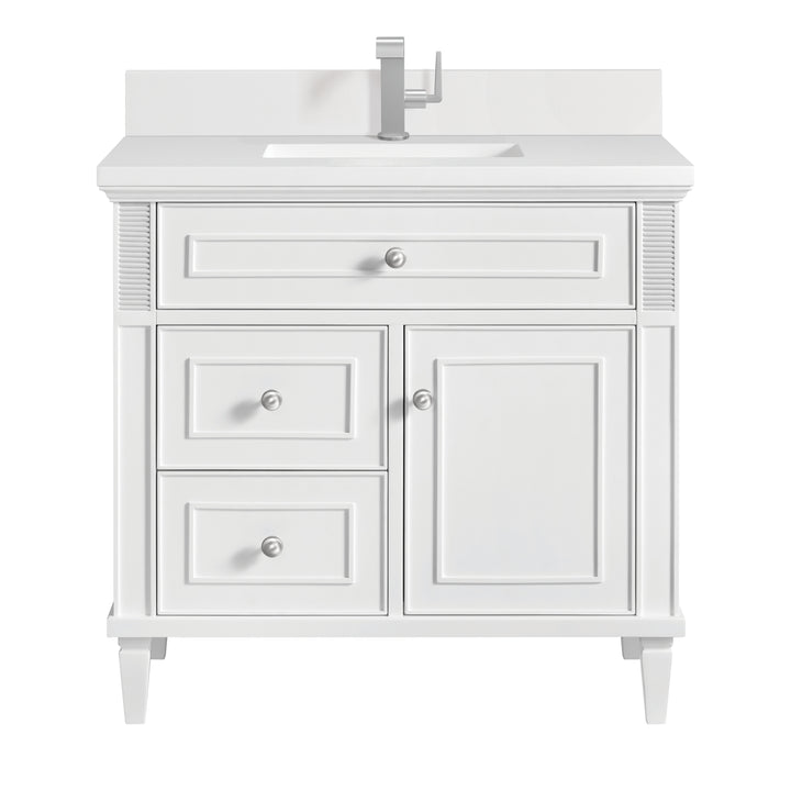 Lorelai 36" Single Vanity, Bright White w/ Single Hole 3 CM White Zeus Silestone Top & Backsplash