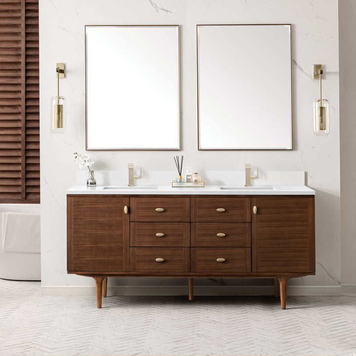 Amberly 72" Double Vanity, Mid-Century Walnut w/ Single Hole 3 CM White Zeus Top & Backsplash