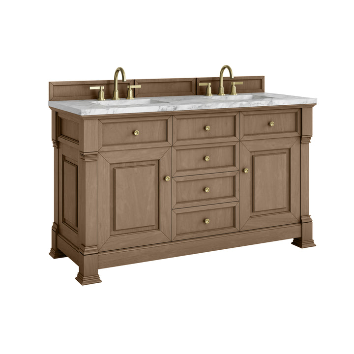 Brookfield 60" Double Vanity, Pecan w/3 CM Carrara White Marble Top