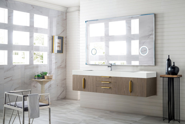 Columbia 72" Single Wall Mount Vanity, Ash Gray, Radiant Gold w/ Glossy White Composite Stone Top