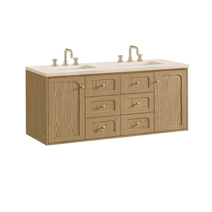 Laurent 60" Double Vanity, Light Natural Oak, w/ 3 CM Eternal Marfil Quartz Top