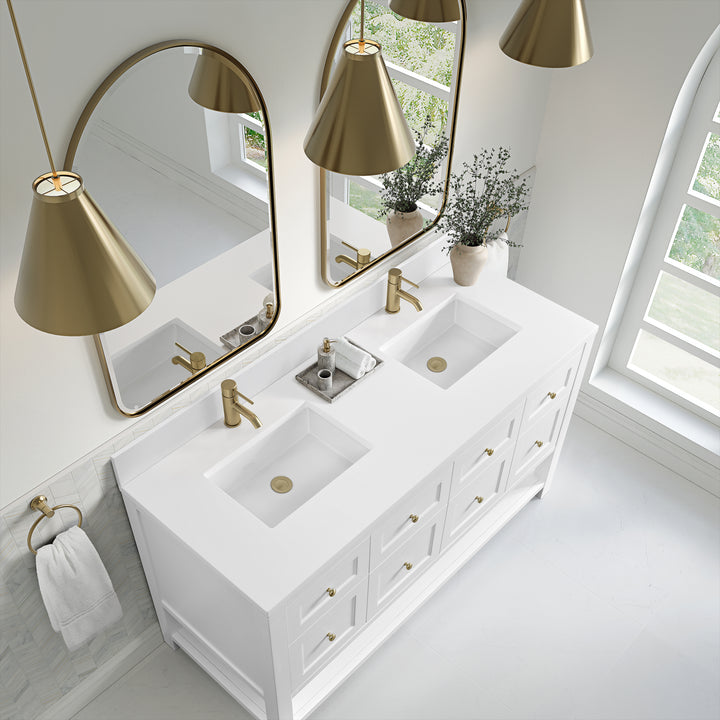 Breckenridge 60" Double Vanity, Bright White, w/ Single Hole 3 CM White Zeus Quartz Top & Backsplash