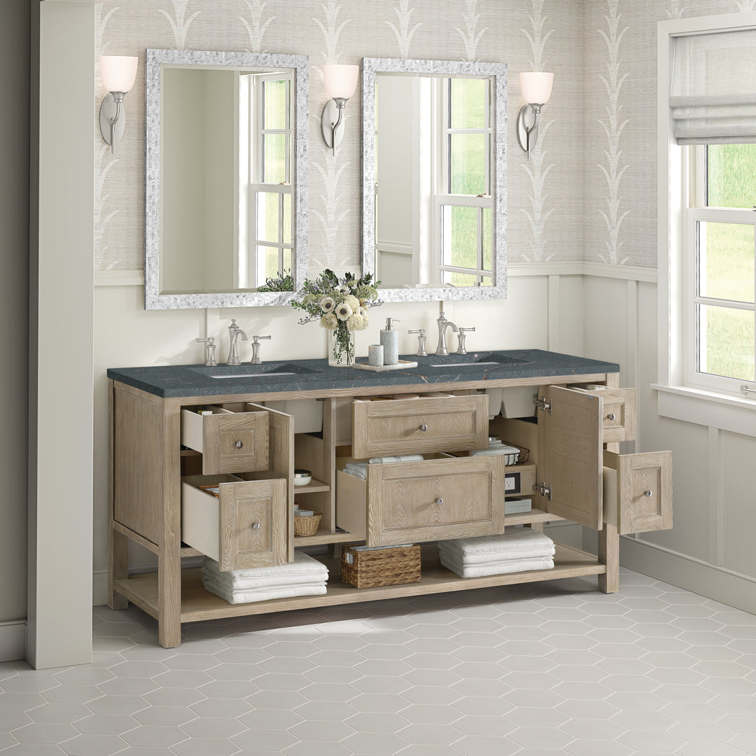 Breckenridge 72" Double Vanity, Whitewashed Oak w/ 3 CM Parisien Bleu Silestone Top w/FreePower Wireless Charger