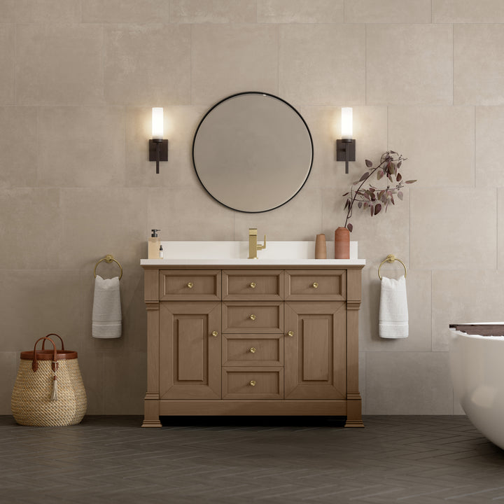Brookfield 48" Single Vanity, Pecan w/ Single Hole 3CM White Zeus Silestone®  Top & Backsplash