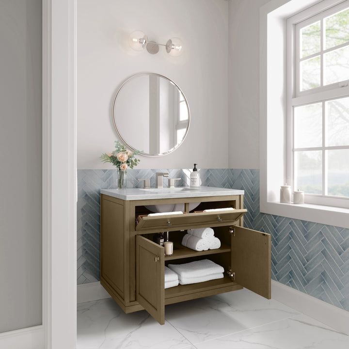 Chicago 36" Single Vanity, Walnut Whisper, w/ 3 CM Arctic Fall Solid Surface Top