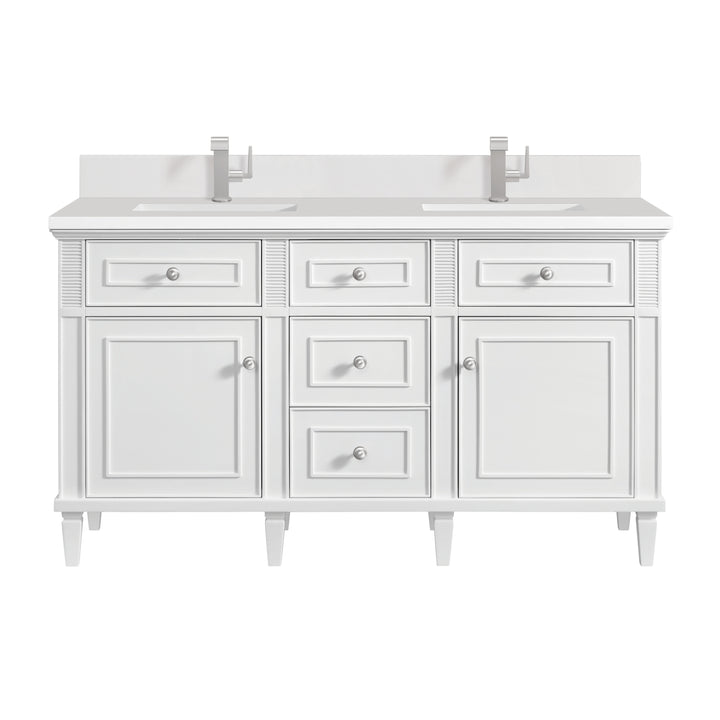 Lorelai 60" Double Vanity, Bright White w/ Single Hole 3 CM White Zeus Silestone Top & Backsplash