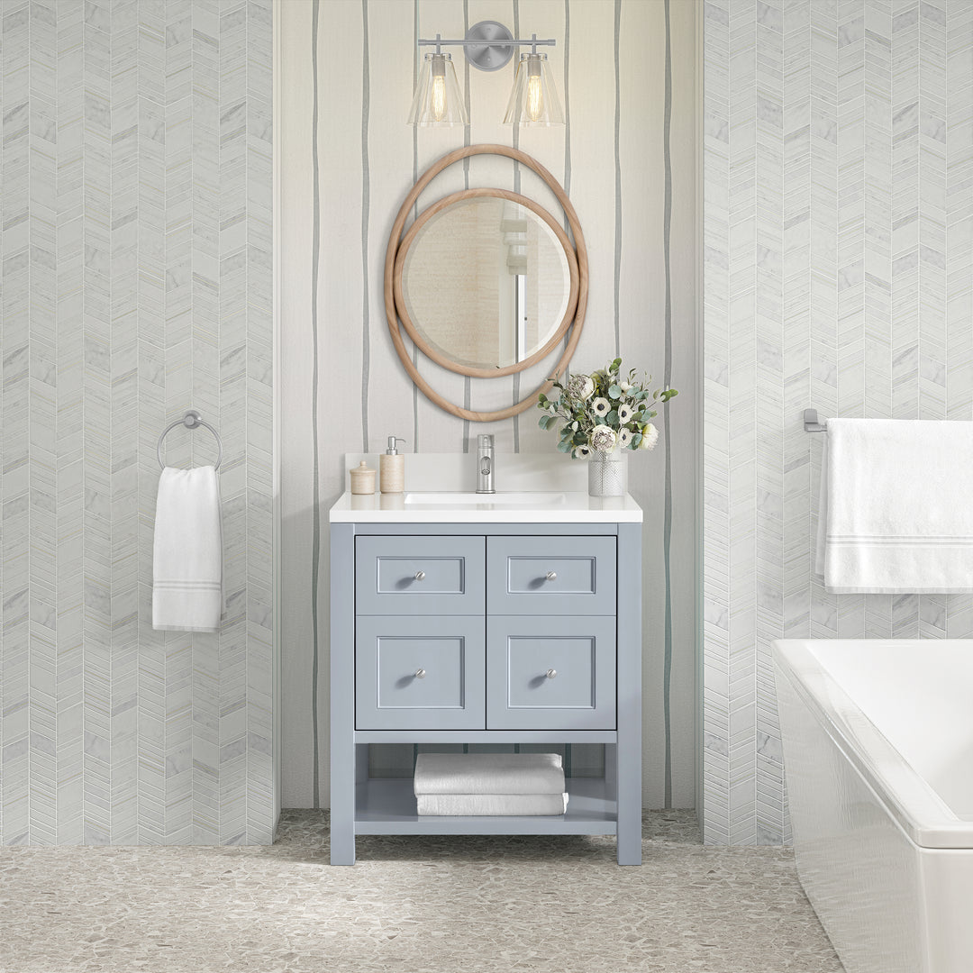 Breckenridge 30" Single Vanity, Serenity Blue, w/ Single Hole 3 CM White Zeus Quartz Top & Backsplash